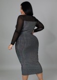 Plus Size Black Mesh See Through Sequins O-Neck Long Dress