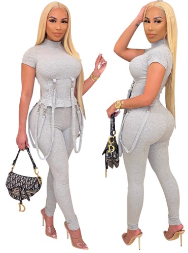 Gray Short Sleeve Turtleneck Slings Fitted Top and Pants 2PCS Set