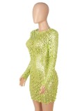 Green Hollow Out Long Sleeve O-Neck Mini Sheath Dress