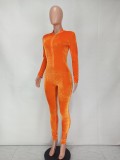 Orange Velvet Zip Up Long Sleeve Bodycon Jumpsuit