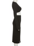 Black V-Neck Crop Top with Half Gloves and Split Skirt 2PCS Set