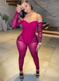 Pink Off Shoulder See Through Long Sleeve Bodycon Jumpsuit