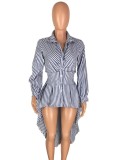 Blue Stripes Long Sleeve Button Up Irregular Long Blouse Dress