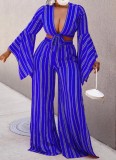 Blue Stripe Tie V-Neck Crop Top And Loose Slit Pant 2PCS Set