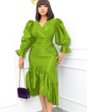 Plus Size Green Silk V-Neck Puff Sleeve Flounce Midi Dress