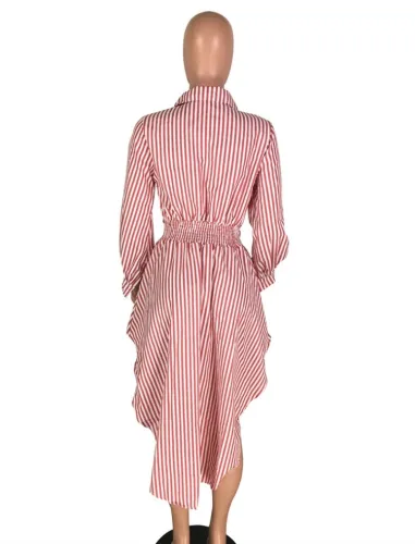 Red Stripes Long Sleeve Button Up Irregular Long Blouse Dress