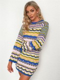 Multicolor Stripes O-Neck Drop Shoulder Sweater Mini Dress