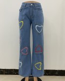 Colorful Heart Print Blue Loose Jeans with Pocket