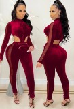 Red Velvet High Neck Zipper Up Cut Out Jumpsuit with Pocket