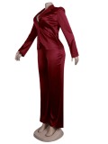 Red Silk Long Sleeve Turndown Collar Blazer and Pants 2PCS Set