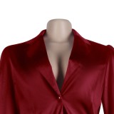 Red Silk Long Sleeve Turndown Collar Blazer and Pants 2PCS Set