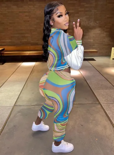 Multicolor Button Long Sleeves Crop Top and Drawstring Pants 2PCS Tracksuit