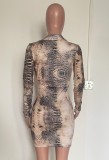Snake Print Turndown Collar Deep-V Sheath Mini Dress