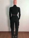 Black O-Neck Long Sleeve Irregular Crop Top and Tassels Pants 2PCS Set