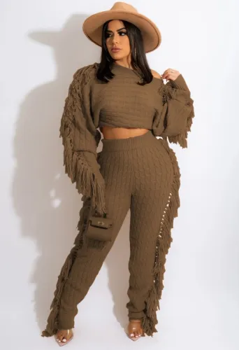 Brown Kintted Tassels Long Sleeves Crop Top and Pants 2PCS Set