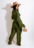 Green Kintted Tassels Long Sleeves Crop Top and Pants 2PCS Set