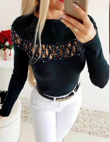 Black Beaded Hollow Out Long Sleeve O-Neck Shirt