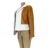 White Fleece Brown Long Sleeve Turndown Collar Jacket