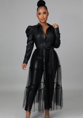 Black PU Leather Mesh Patch Button Up Long Sleeves Long Top
