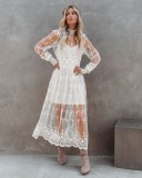 White Lace High Collar Long Sleeve Translucent Long Dress