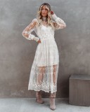 White Lace High Collar Long Sleeve Translucent Long Dress