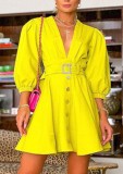 Yellow Deep-V Puff Sleeve Button Up Midi Skater Dress with Belt