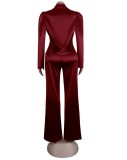 Red Silk Long Sleeve Turndown Collar Blazer and Pants 2PCS Set