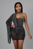 Black Beaded Single Shoulder Mini Dress