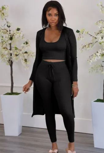 Black U-Neck Tank Crop Top and Long Cardigan with Pants 3PCS Set