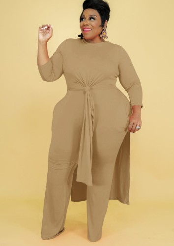 Plus Size Khaki O-Neck Slit Long Sleeves Long Top and Pants 2PCS Set