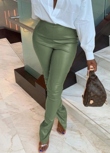 Green Leather High Waist Split Slinky Flare Trousers