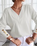 White V-Neck Long Sleeve Drop Shoulder Shirt
