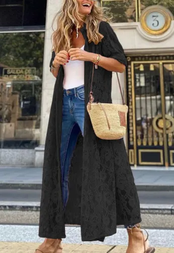 Black Lace Button Up Long Sleeve Turndown Collar Long Cardigan