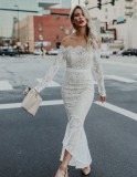 White Lace Off Shoulder Long Sleeve High Low Long Dress