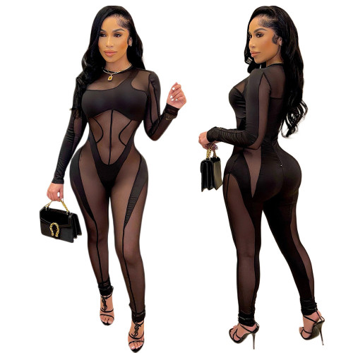 Black See Through Long Sleeve Mesh Splicing Bodycon Sexy Jumpsuit