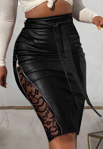 Black Leather Lace Patch Zipper High Waist Tie Midi Skirt
