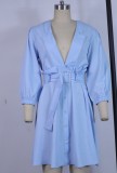 Lt-Blue Deep-V Puff Sleeve Button Up Midi Skater Dress with Belt