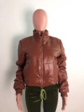 Brown Leather Zip Open Turndown Collar Long Sleeves Padded Jacket