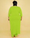 Plus Size Green O-Neck Slit Long Sleeves Long Top and Pants 2PCS Set