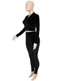 Black Velvet Zip Up Top and Drawstring Pants 2PCS Tracksuit