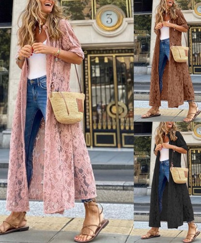 Brown Lace Button Up Long Sleeve Turndown Collar Long Cardigan