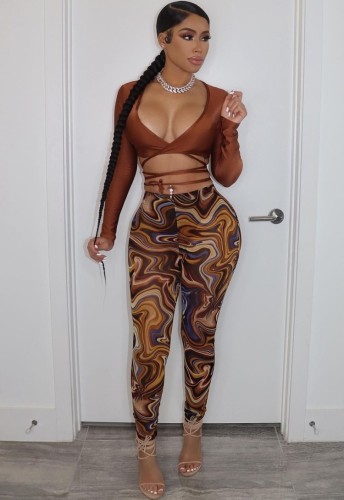 Brown Wrap Tied Crop Top And Printed High Waist Fitted Pants 2PCS Set