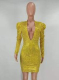 Yellow Sequin Plunge Neck Puffed Long Sleeve Sheath Dress