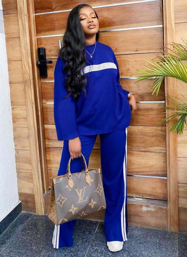 Blue O-Neck Long Sleeves Loose Top and Pants 2 Piece Sweatsuit