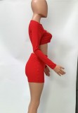 Red O-Neck Keyhole Button Up Crop Top And Shorts 2PCS Set
