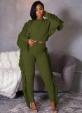 Green Kintted Tassels Long Sleeves Crop Top and Pants 2PCS Set