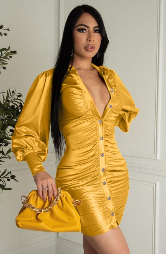 Yellow Silk Puff Sleeve Button Open Ruched Mini Dress