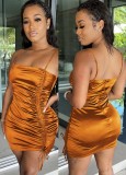 Orange Silk Cami Ruched Mini Dress