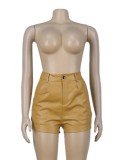 Brown PU Leather High Waist Shorts with Pocket
