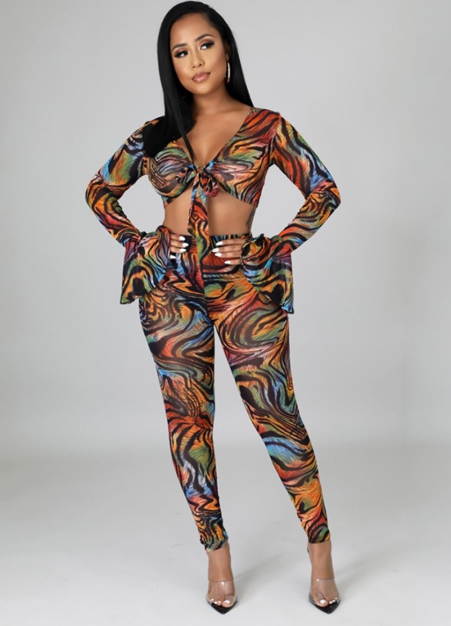 Print Tie Flare Sleeve Crop Top and High Waist Pant 2PCS Set